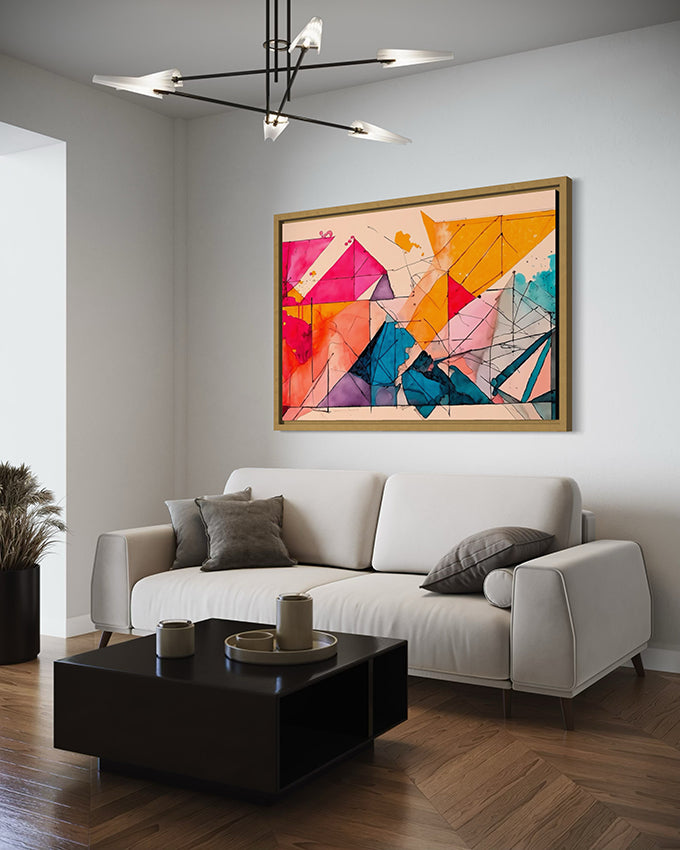abstract wall art tilted hanging in living room. artwork described as bright colours and lines in geometric shapes overlapping to form a visually pleasing artwork.