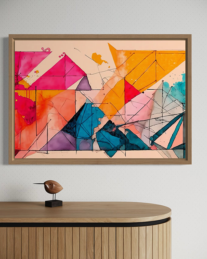 abstract wall art named tilted. artwork described as bright colours and lines in geometric shapes overlapping to form a visually pleasing artwork. hanging in a canvas float frame