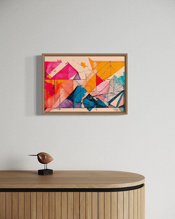 abstract wall art named tilted. artwork described as bright colours and lines in geometric shapes overlapping to form a visually pleasing artwork. hanging in a canvas float frame