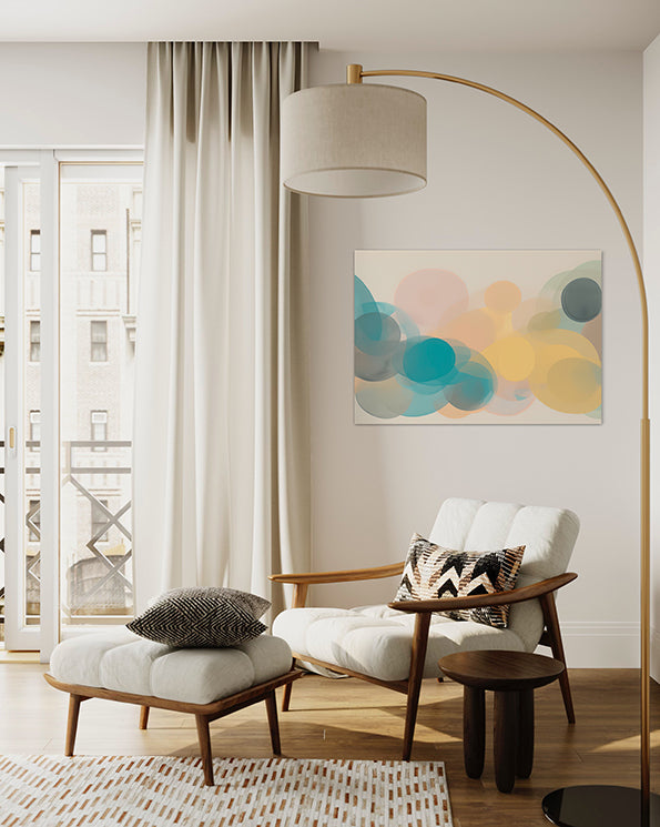 Australian Wall Art Prints, abstract pastel colours and shapes, wall art hanging in living room