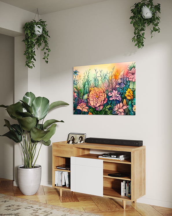 rainbow florals botanical wall art print with pastel rainbow colours, unique wall art print hanging above a hutch with plant pots around it