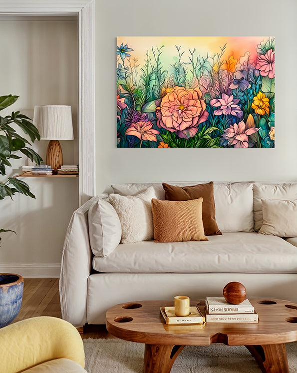 rainbow florals botanical wall art print with pastel rainbow colours botanical wall art print hanging in a living room above a cream coach and timber coffee table.
