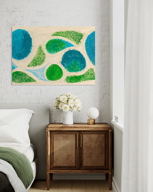 abstract artwork depicting aerial view of a beach with sand and grass shrubs and pools of water with shaky brush strokes making it seem wind swept. Abstract Artwork hanging above bed and bedside table