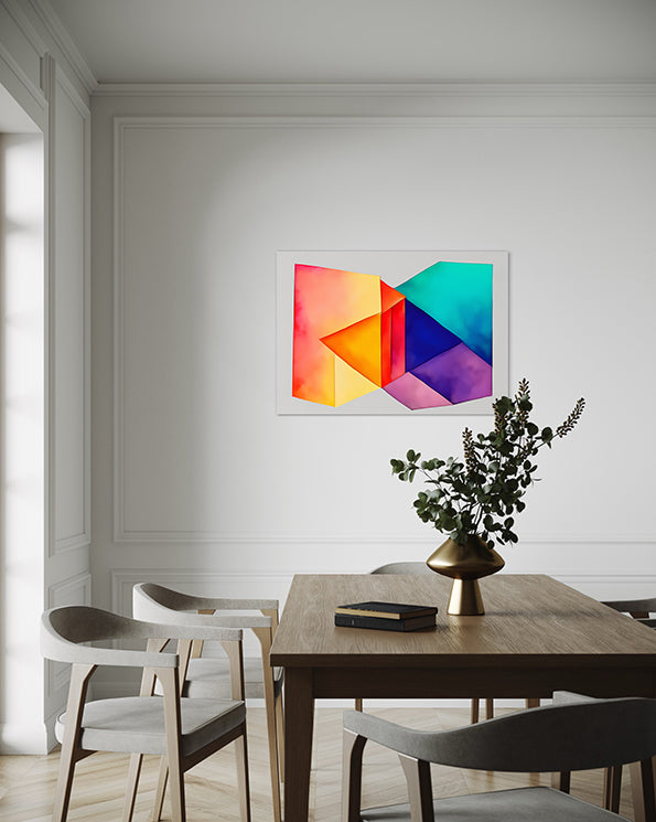 abstract artwork several shapes overlayed in a rainbow of colours creating an angular and unique wall art print, wall art is hanging in a living room above a dining table and chairs