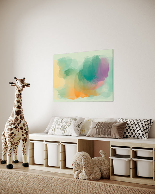 unique wall art print with beautiful pastel green orange and purple shapes and colours, abstract artworkunique wall art print with beautiful pastel green orange and purple shapes and colours, abstract artwork hanging in Childs play room above a toy storage unit
