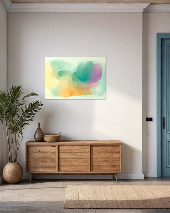unique wall art print with beautiful pastel green orange and purple shapes and colours, abstract artwork hanging above low lying cupboard in living room