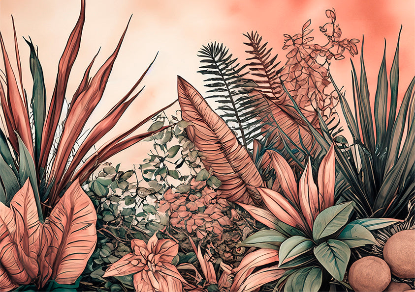 botanical wall art print, dusky pink leaves and green leaves, a unique wall art print