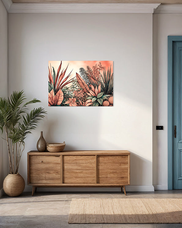 botanical wall art print, dusky pink leaves and green leaves, a unique wall art print hanging in a living room above a low lying cabinet