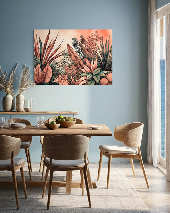 botanical wall art print, dusky pink leaves and green leaves, a unique wall art print hanging in living room on a blue wall above a dining table.