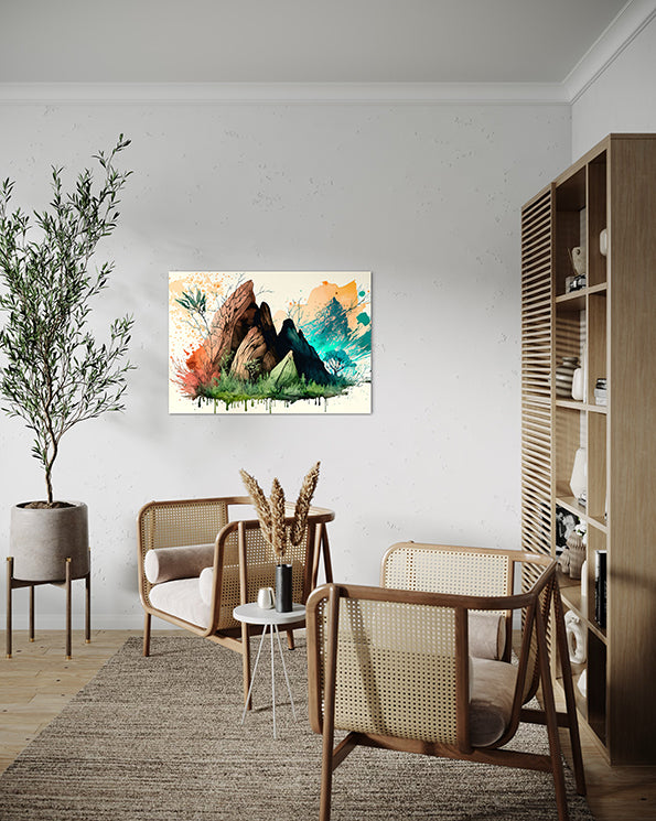 enchanted ranges is a nature wall art print which is hanging in a living room in this photo above an armchair