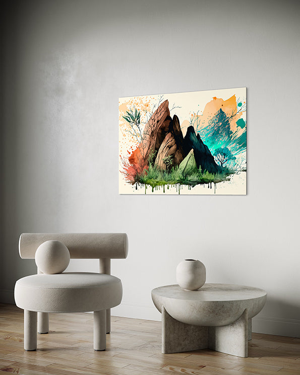 enchanted ranges is a nature wall art print hanging in a living room above a coffee table and chair on a white wall