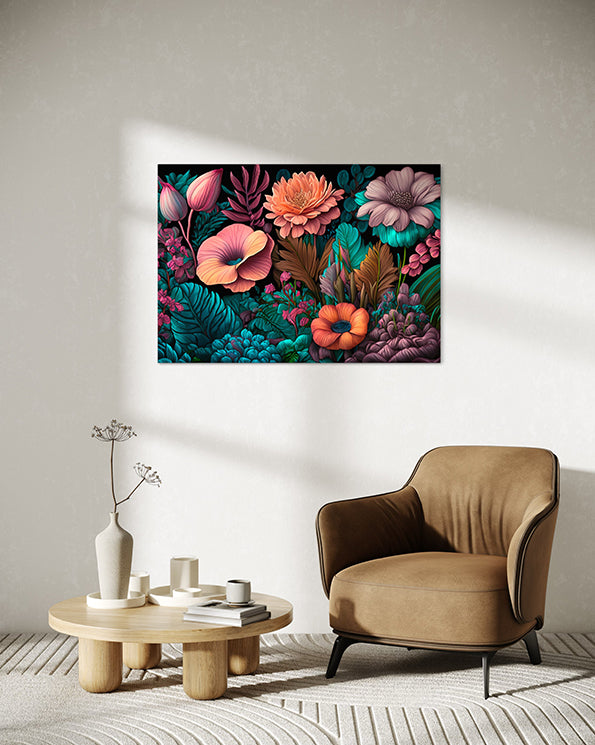 australian wall art prints, botanical wall art in living room, bright coloured flowers and leaves