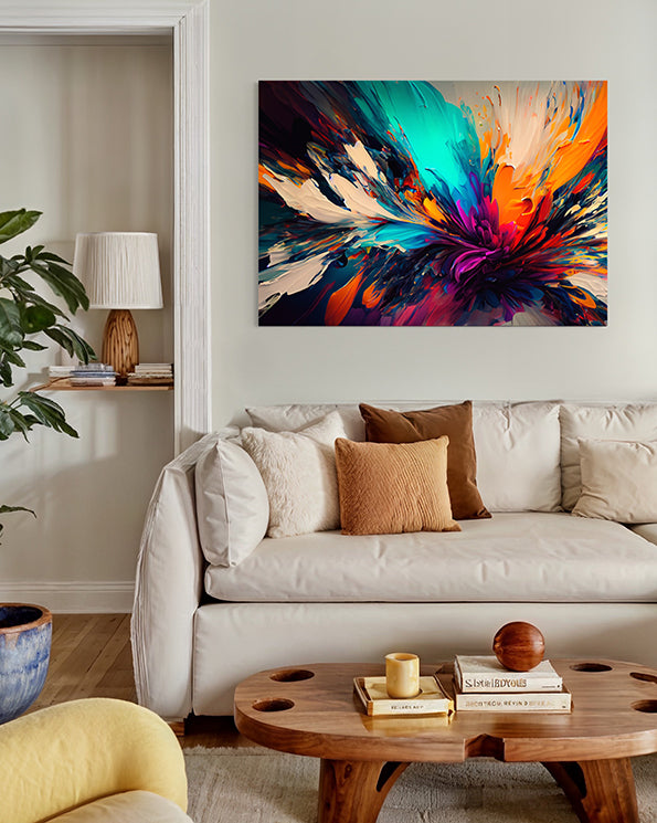 abstract wall art, unique wall art print, lots of bright colours painted in abstract fashion, wall art in living room