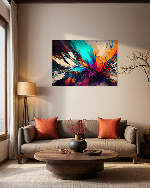 abstract wall art, unique wall art print, lots of bright colours painted in abstract fashion, wall art in living room