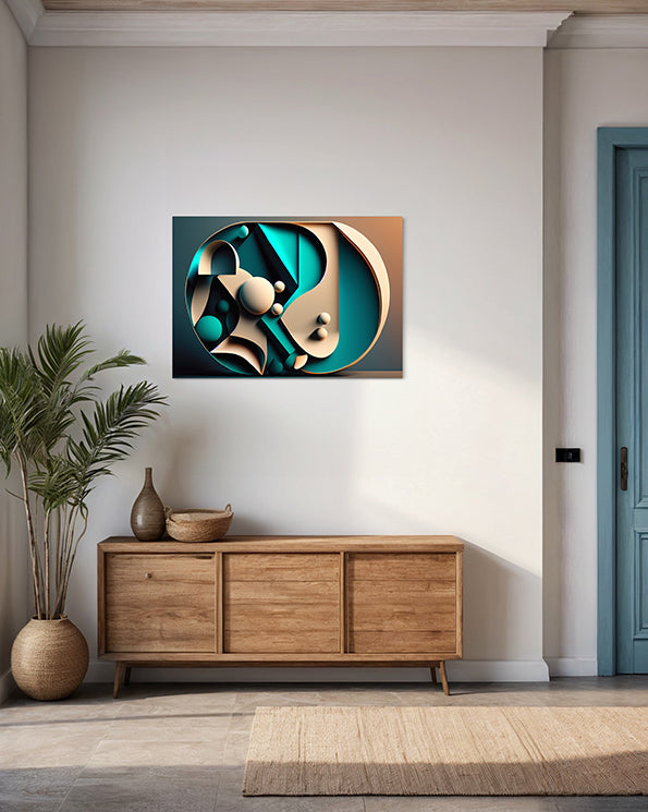 geometric shapes floating in a frame, digital artwork, wall art print in living room hanging above low-lying cabinet.