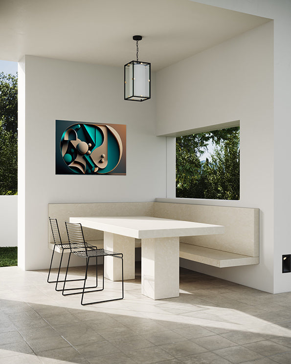 geometric shapes floating in a frame, digital artwork, wall art print in outdoor area. Unique wall art print.