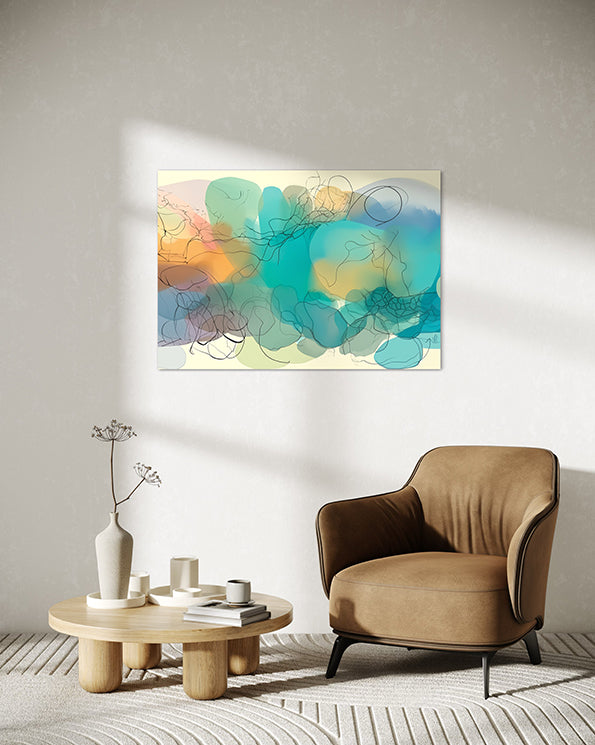 Abstract artwork, line drawing with pastel colours in circular shapes, why is abstract art so beautiful, abstract wall art print hanging in living room above armchair and coffee table