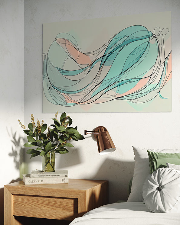 abstract wall art, female form line drawing in pastel colours, wall art hanging in bedroom above bedside table
