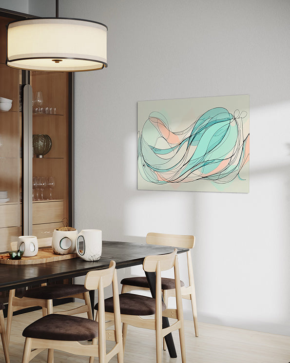 abstract wall art, female form line drawing in pastel colours, wall art in living room hanging above dining table.
