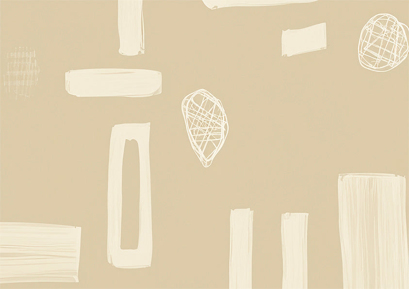 abstract artwork, plan beige background with cream coloured shapes and pine cone like figures