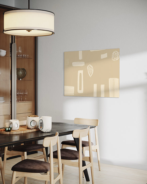 abstract artwork, plan beige background with cream coloured shapes and pine cone like figures is how I would describe the wall art which is hanging in a living room above a dining table