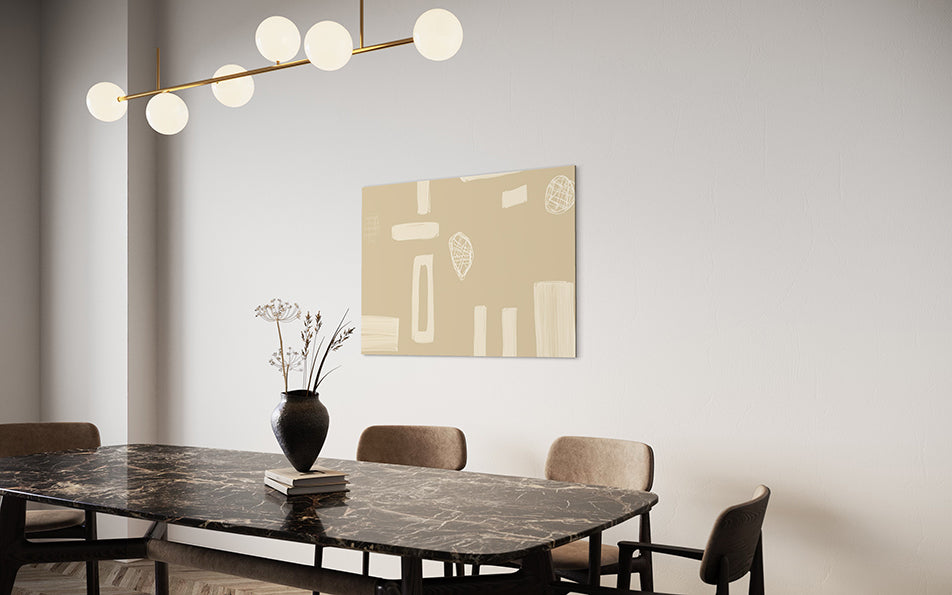 abstract artwork, plan beige background with cream coloured shapes and pine cone like figures, wall art hanging in living room