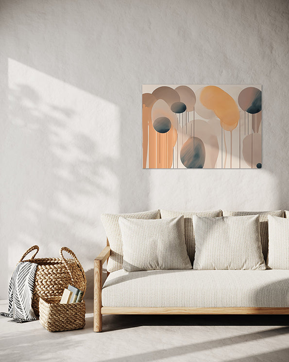 abstract artwork, brown and orange and black shapes and lines, unique wall art print in lounge room hanging on the wall above a white lounge