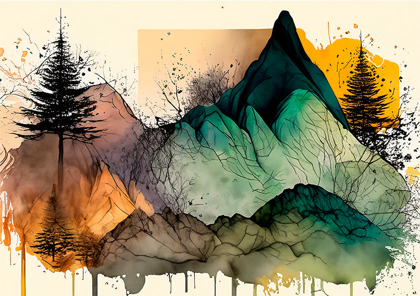botanical wall art print featuring mountains, pine trees and digital paint splattering