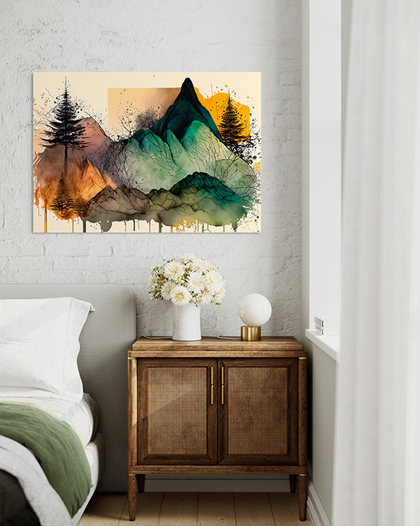 botanical wall art print featuring mountains, pine trees and digital paint splattering, wall art hanging in a bedroom above a bedside table and bed with white linen