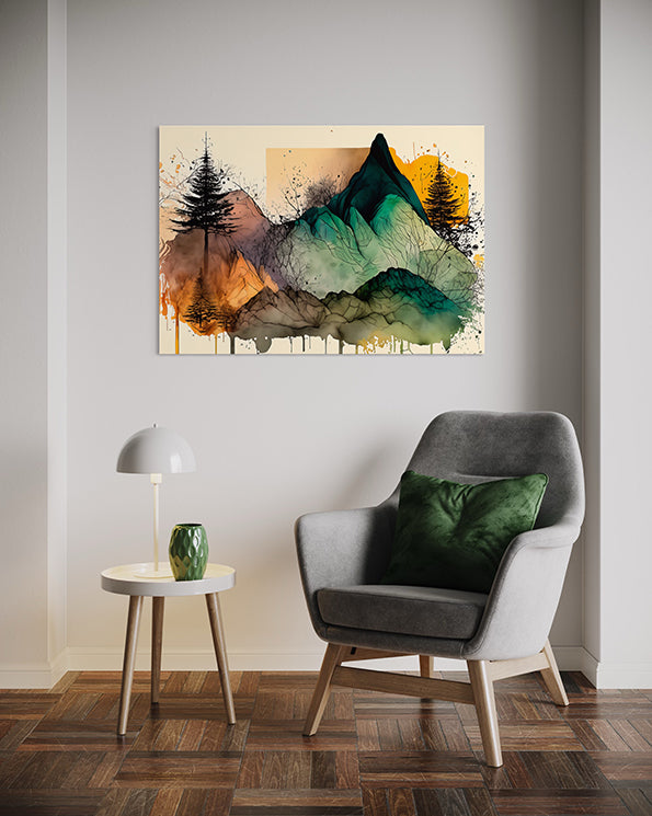 botanical wall art print featuring mountains, pine trees and digital paint splattering, wall art print hanging in living room above grey arm chair