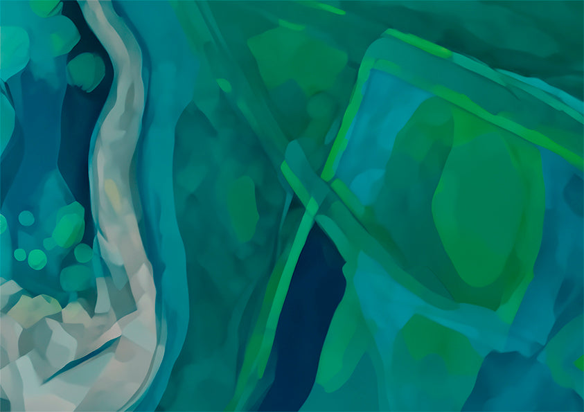 wall art print, artwork depicting an aerial view of the earth as it intersects with rivers and estuaries. Artwork has greens and blues in varying tones.
