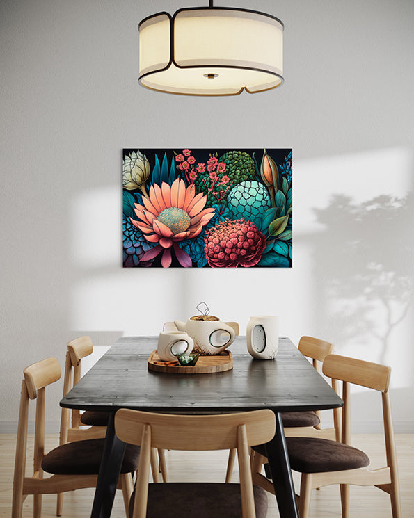 Australian wall art prints, botanical wall art print, with colourful flowers and leaves on a black background hanging in a dining room above a table