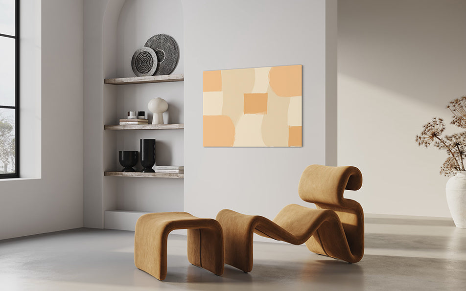 wall art print using geometric shapes and subtle colours, pathway is a unique wall art print hanging in an elegant living room above a designer armchair