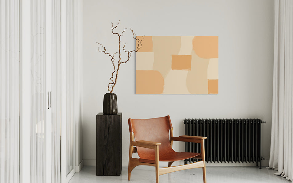 wall art print using geometric shapes and subtle colours, pathway is a unique wall art print hanging in a living room above a bar heater and brown armchair