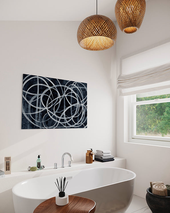 Printable Wall Art, Black, white and Grey abstract artwork with white circular lines, artwork hanging in bathroom above a bath tub