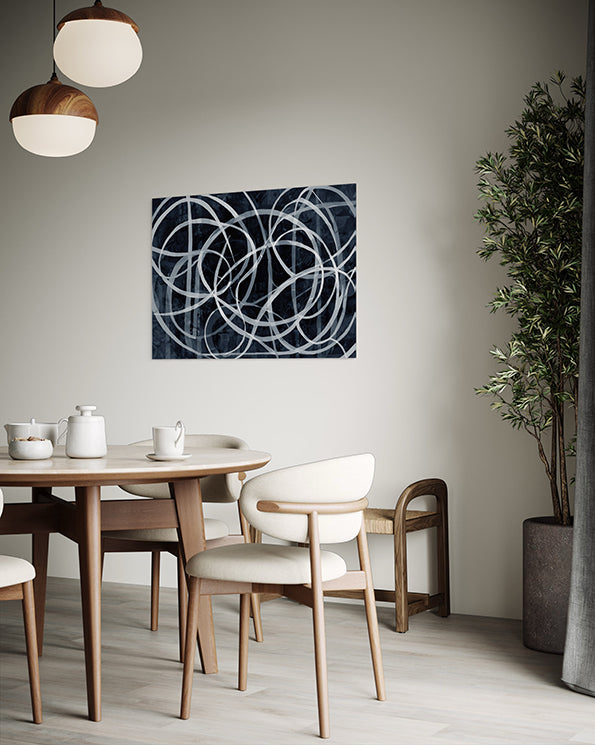 Printable Wall Art, Black, white and Grey abstract artwork with white circular lines, artwork hanging in living room above a dining table