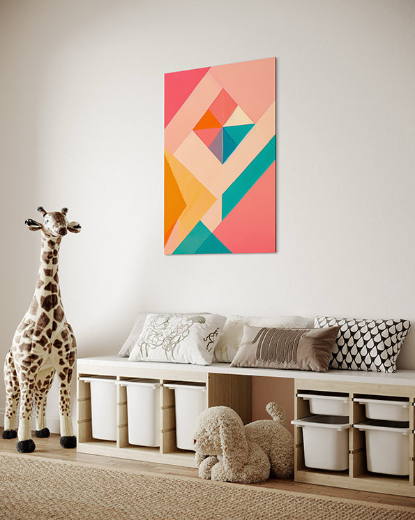 abstract artwork featuring geometric shapes in pastel colours, wall art print hanging in kids playroom