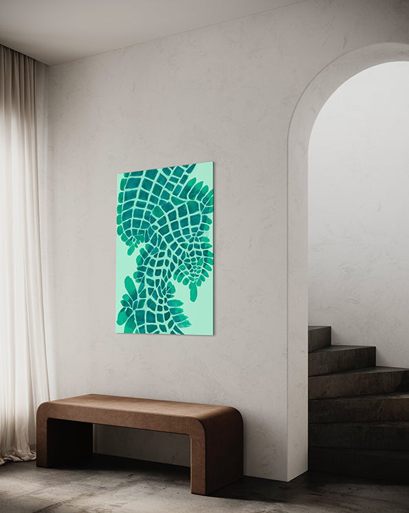 Australian Wall Art Print Salt Water Crocodile (Salty) showing the rhythm and repetition of the green scales. Wall Art print shown hanging in a hallway.