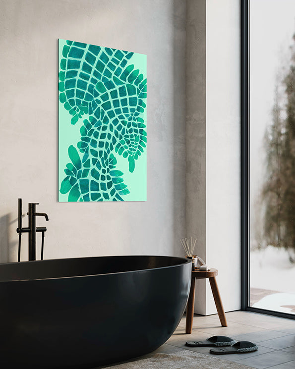 Australian Wall Art Print Salt Water Crocodile (Salty) showing the rhythm and repetition of the green scales. Wall Art print shown hanging above a black bath tub.