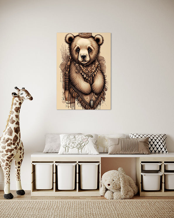 baby bear kids wall art print, wall art is hanging in a kids playroom above a seat and next to a giraffe