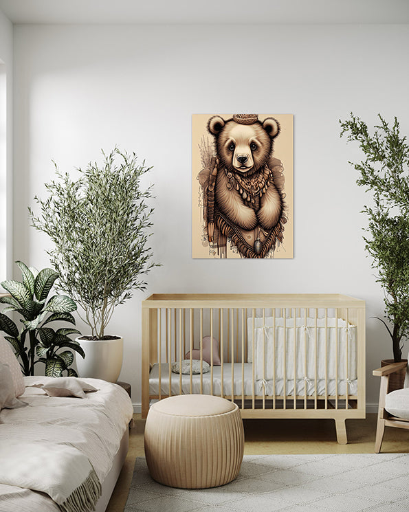 baby bear kids wall art print, hanging in nursery above a crib cot