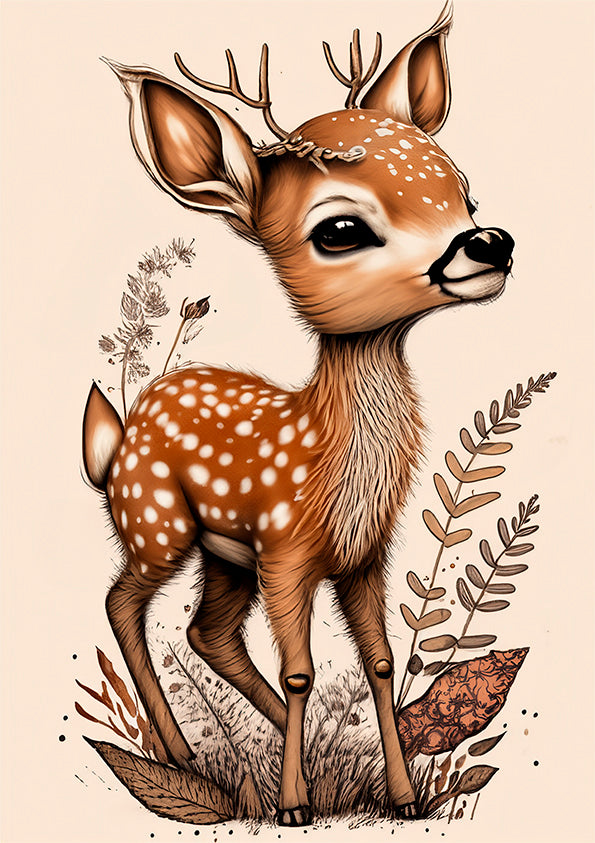 kids wall art print baby deer with boho type flowers around the feet.