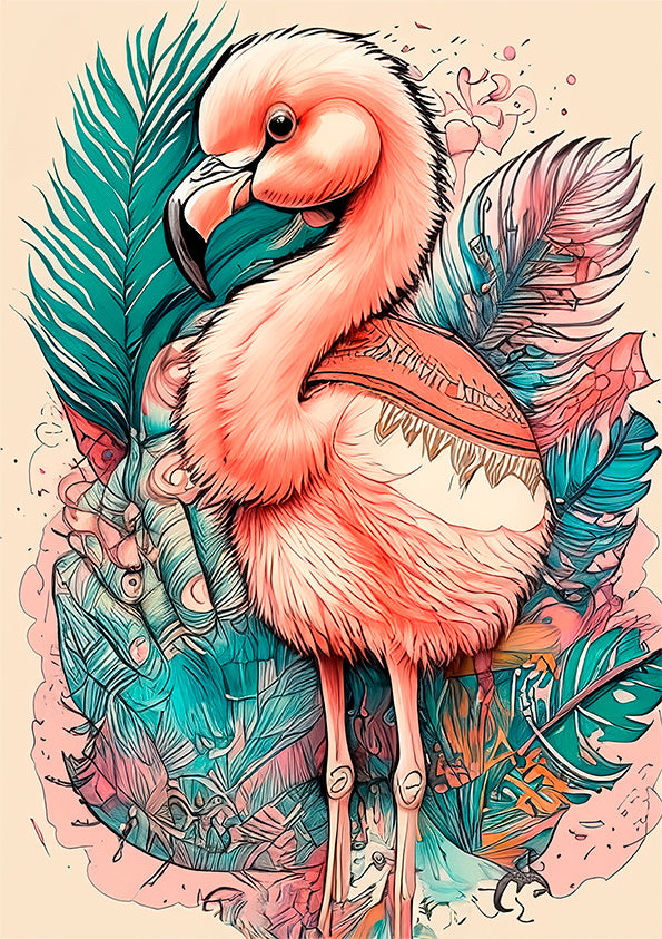 kids wall art print, pink flamingo with pastel coloured leaves behind.