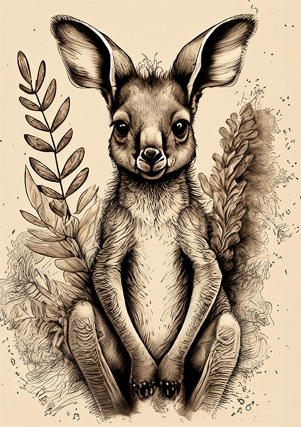 kids wall art baby kangaroo surrounded by boho leaves.