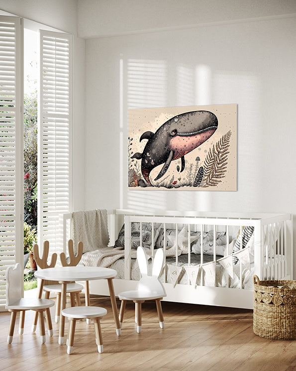 kids wall art print of a baby whale in earthly tones and earthy coloured coral. Print is hanging in a nursery above a toddler's bed.