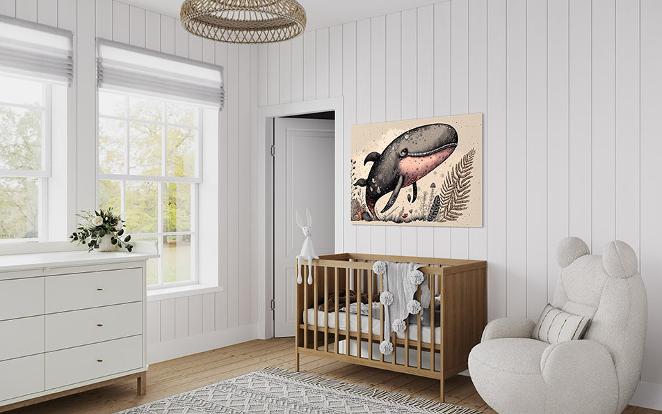 kids wall art print of a baby whale in earthly tones and earthy coloured coral. Print is hanging in a nursery above a baby's bed.