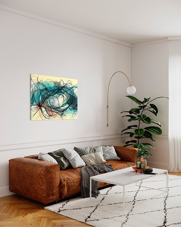 Australian Wall Art Prints, Spiraling lines and paster colours creating a rhythm across the page, unique wall art print in living room