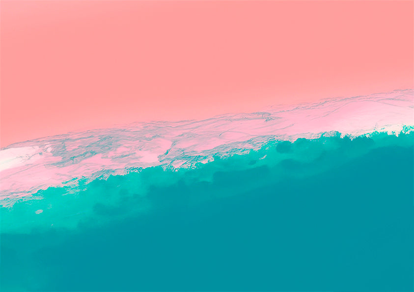 abstract artwork featuring ocean shoreline from above, pink sand meets the white wash in the middle of the frame with blue ocean waves