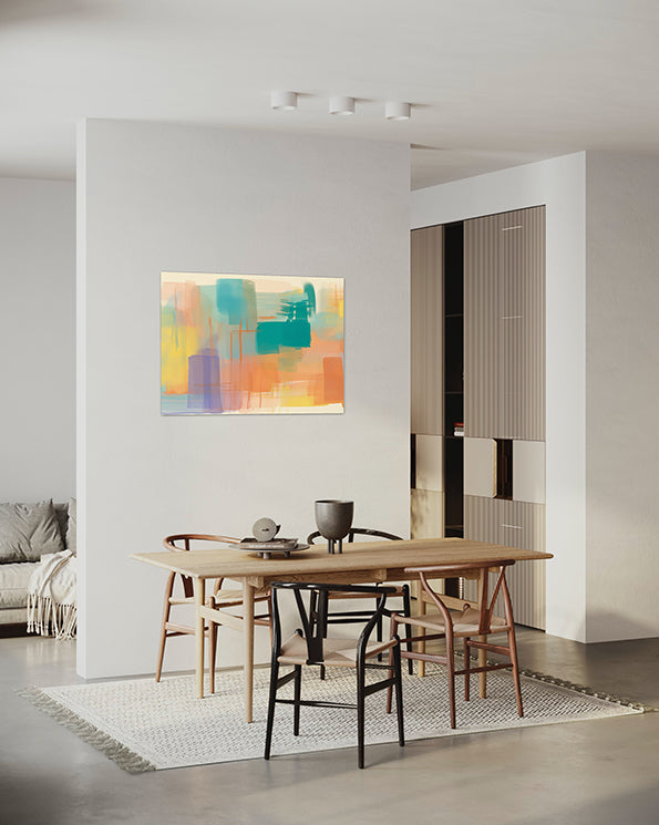 Abstract wall art, unique wall art print, rectangular shapes and angular lines with bright colours, wall art print hanging in living room