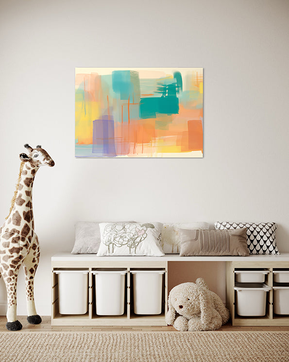 Abstract wall art, unique wall art print, rectangular shapes and angular lines with bright colours, wall art print hanging in Childs bedroom